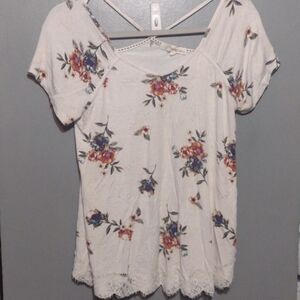 Rewind Blouse Open Back Short Sleeve Floral Lace Crewneck Pull over Top size med